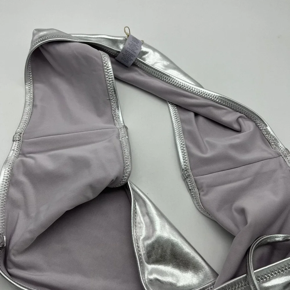 SKIMS Metallic‎ Swim Bandeau Top Silver Shiny Strapless Bikini 3X Nickel